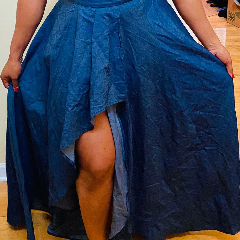 Ruffle denim maxi skirt